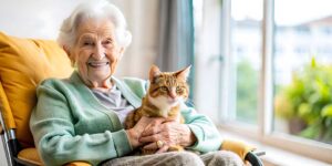 Older adult and family member reviewing a medication organizer at a kitchen table.